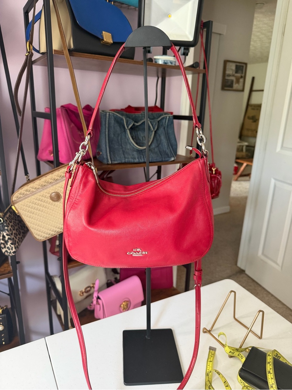 Coach Red Pebbled Leather Shoulder Bag with Silver Hardware
